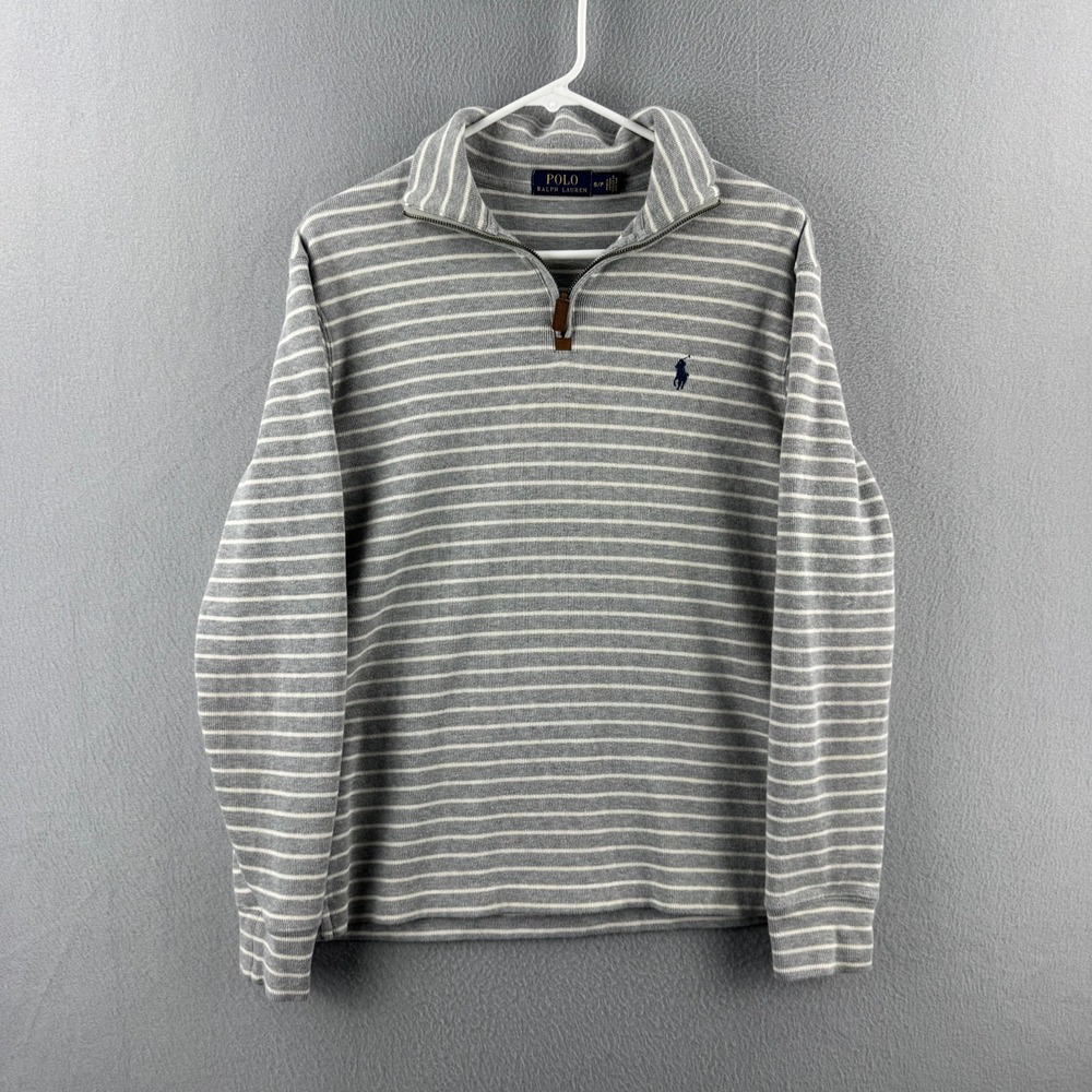 Polo Ralph Lauren 1/4 Zip Pullover Mens Small Gray Striped Sweater Cotton